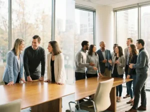 Diverse professionals in gesprek rond houten vergadertafel bij natuurlijk licht, van intieme groep tot geanimeerde discussie