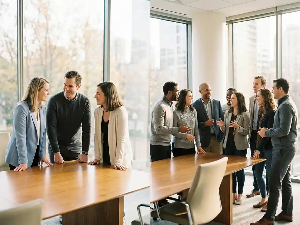 Diverse professionals in gesprek rond houten vergadertafel bij natuurlijk licht, van intieme groep tot geanimeerde discussie