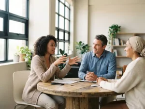 Drie professionals in levendig gesprek rond houten vergadertafel in moderne kantooromgeving met natuurlijk licht