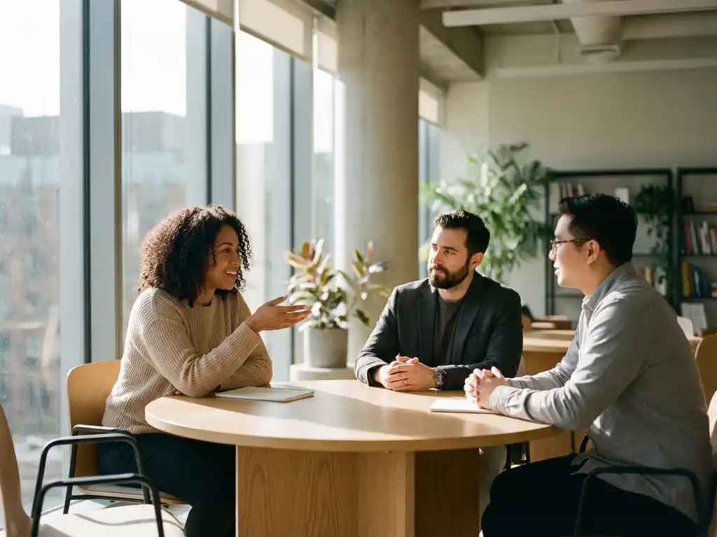 Drie professionals in gesprek rond lichte houten vergadertafel bij raam met natuurlijk licht