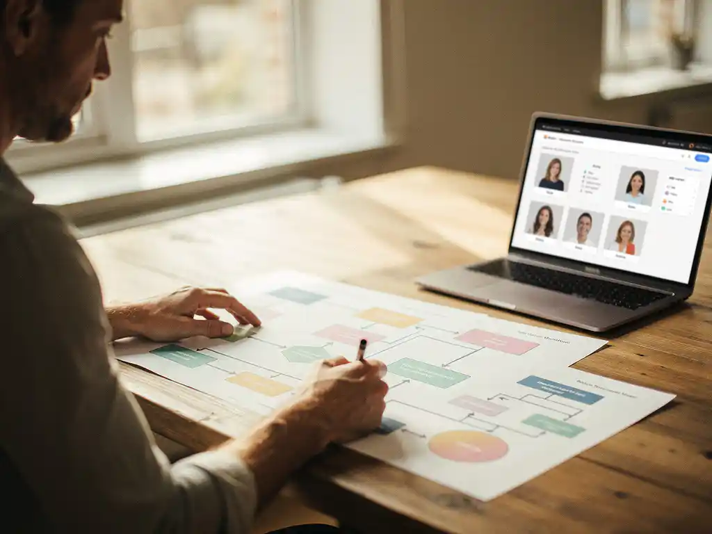 Ondernemer bestudeert kleurrijke geautomatiseerde workflow-grafieken op houten bureau met laptop met kandidaatprofielen op achtergrond