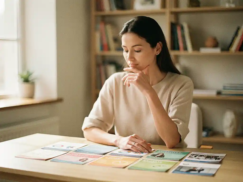 Vrouw van begin dertig overweegt carrièrekeuzes aan houten bureau met kleurrijke brochures uitgespreid