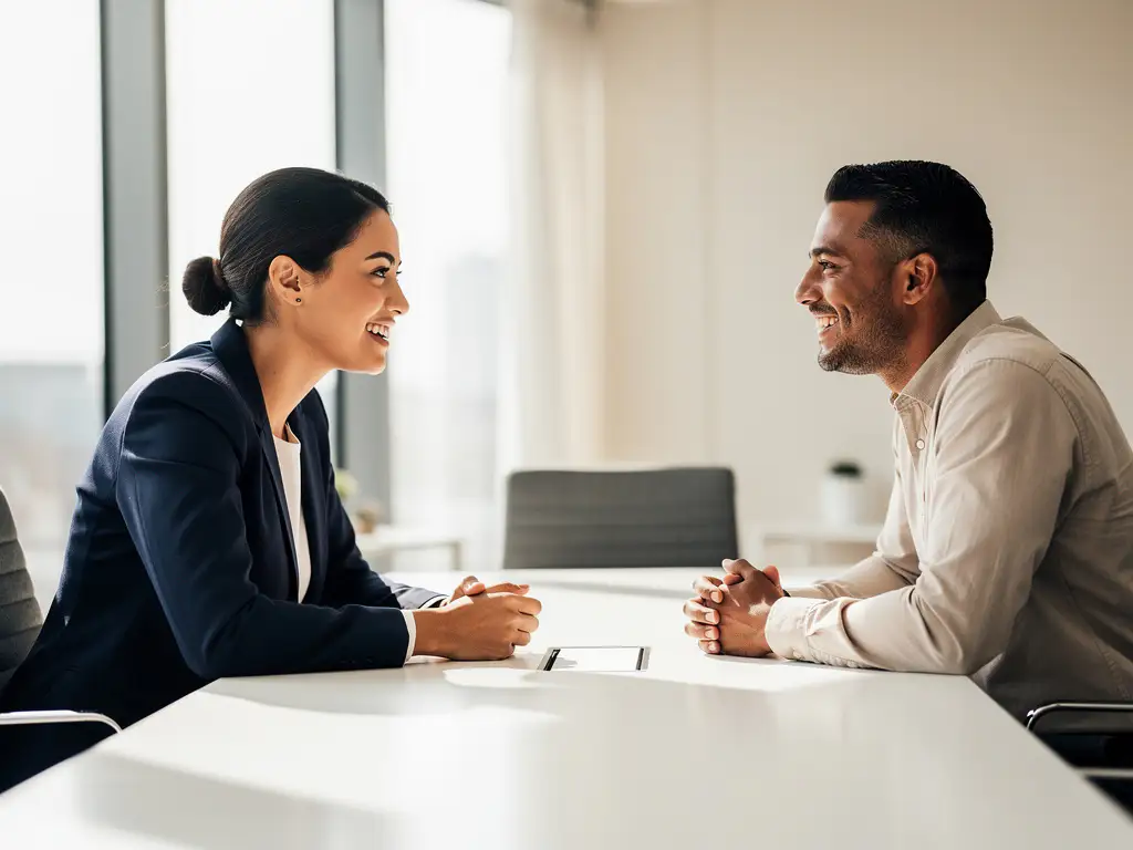 Twee professionele recruiters in gesprek aan witte vergadertafel in licht kantoor met grote ramen
