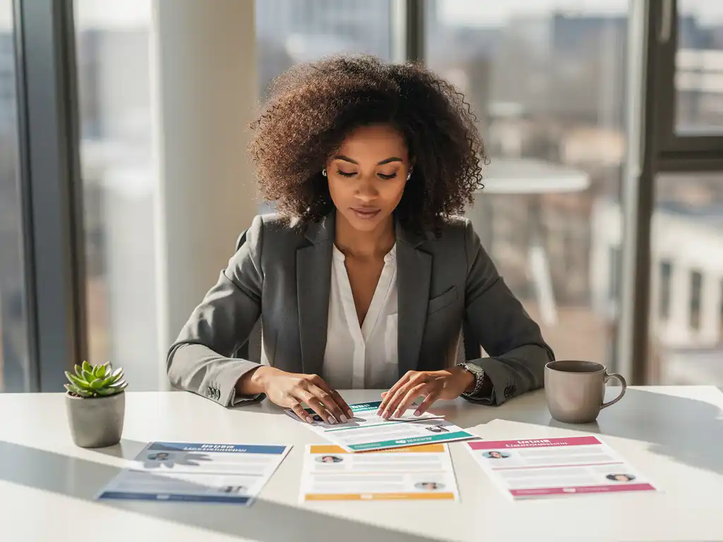 Jonge professionele vrouw met krullend haar bekijkt kleurrijke papieren cv's op moderne witte bureau met succulent en koffiekop