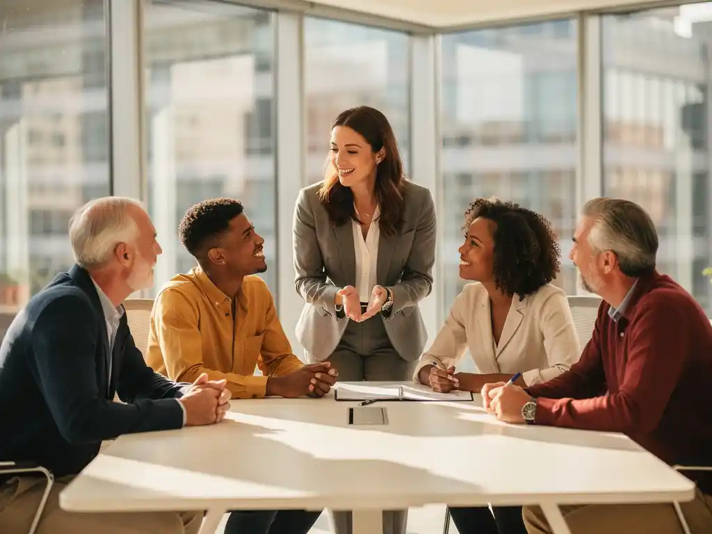 Vijf professionals in gesprek rond witte vergadertafel in moderne kantoorruimte met grote ramen