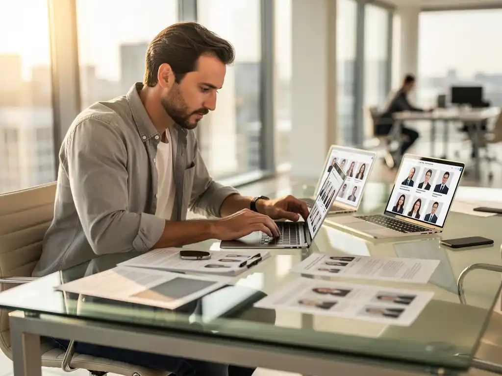 Directeur in smart-casual kleding bestudeert kandidaatprofielen aan glazen bureau met laptops en documenten in modern kantoor