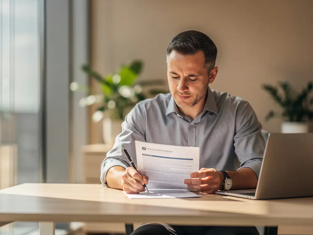 Wervingsmanager bestudeert zorgvuldig vacaturetekst aan houten bureau bij raam in modern kantoor met planten