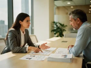 HR-specialist bespreekt groeistrategie met ondernemer aan houten vergadertafel met organisatieschema's en documenten