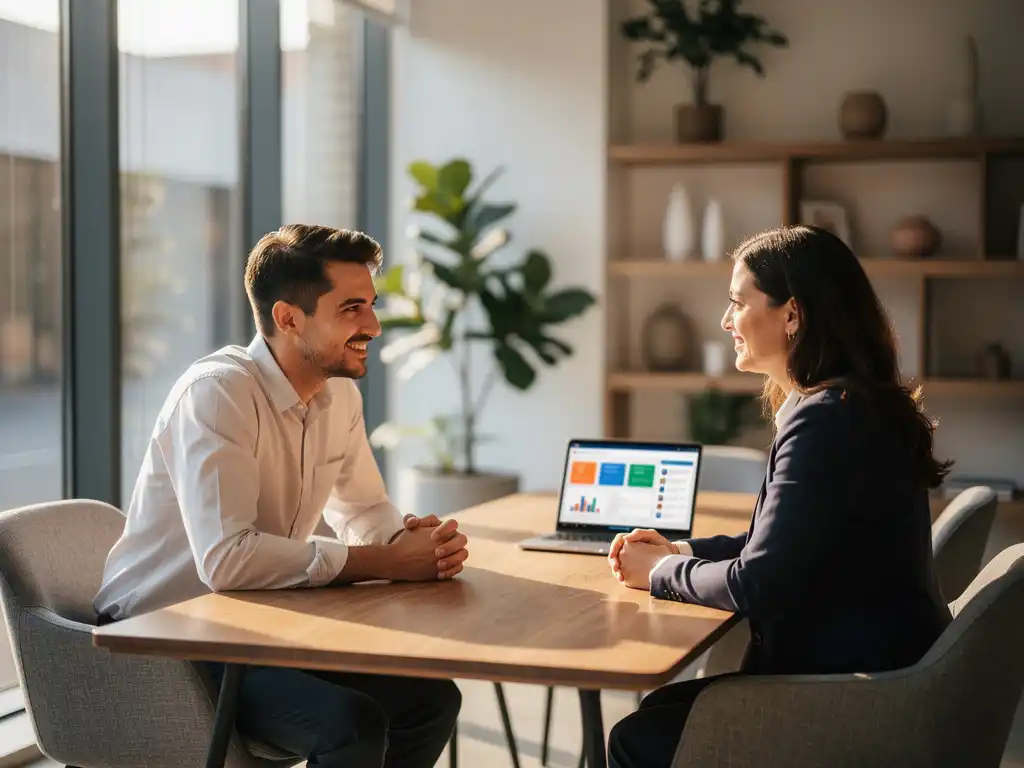Kleine ondernemer en HR-consultant in gesprek aan houten tafel met laptop open, natuurlijk licht door ramen in moderne kantooromgeving