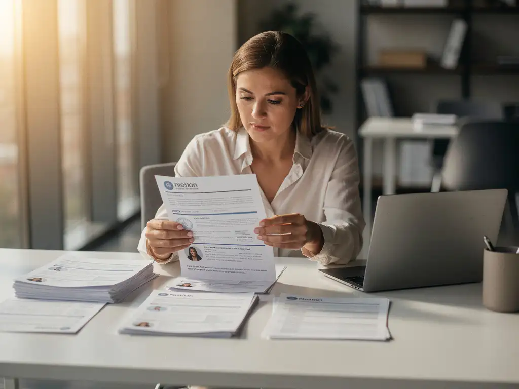 HR-manager sorteert cv's op modern bureau met natuurlijk licht door ramen in professionele kantooromgeving