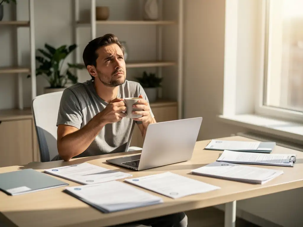HR-manager zit peinzend aan bureau met lege cv-mappen en laptop, kijkt uit raam met koffiemok in hand