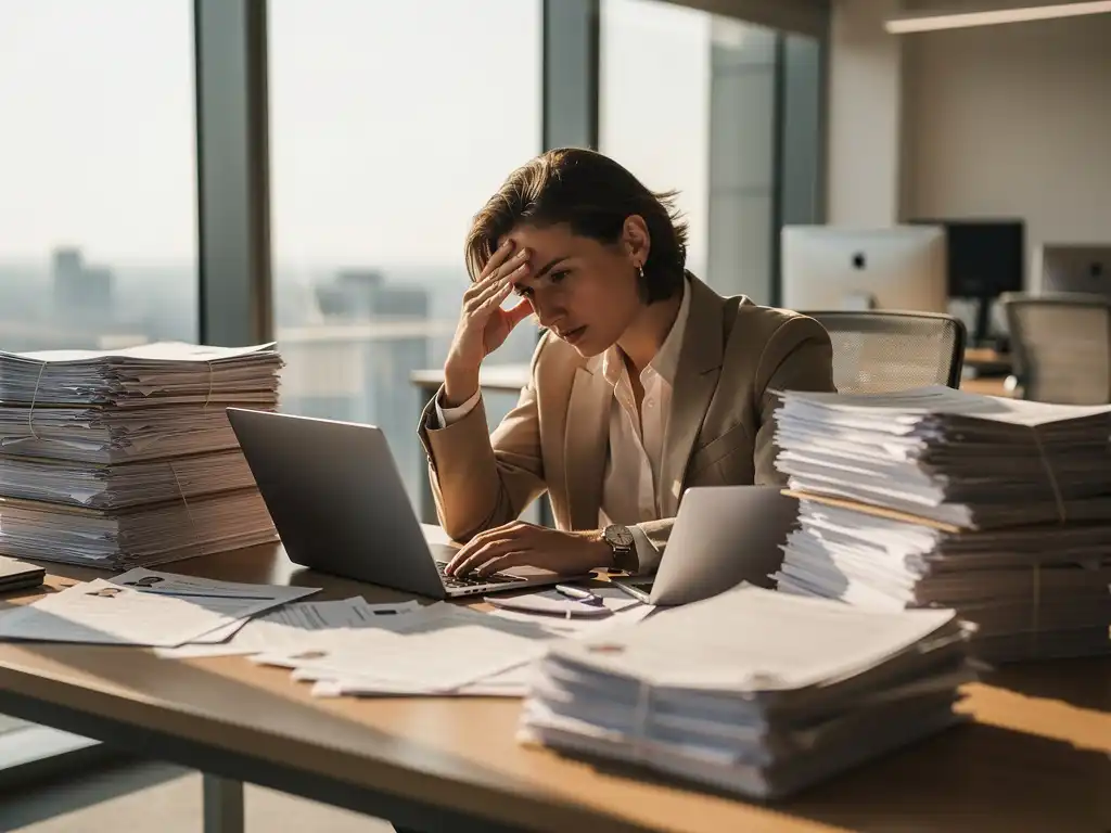 Gefrustreerde HR-manager met hand tegen voorhoofd zittend aan rommelig bureau vol cv-stapels en laptops bij raam