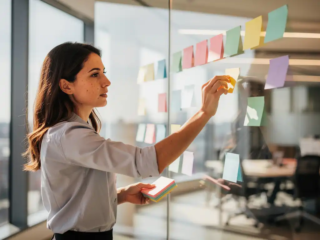 HR-professional organiseert kleurrijke plaknotities op glazen kantoorwand voor recruitment workflows, warme natuurlijke lichtinval