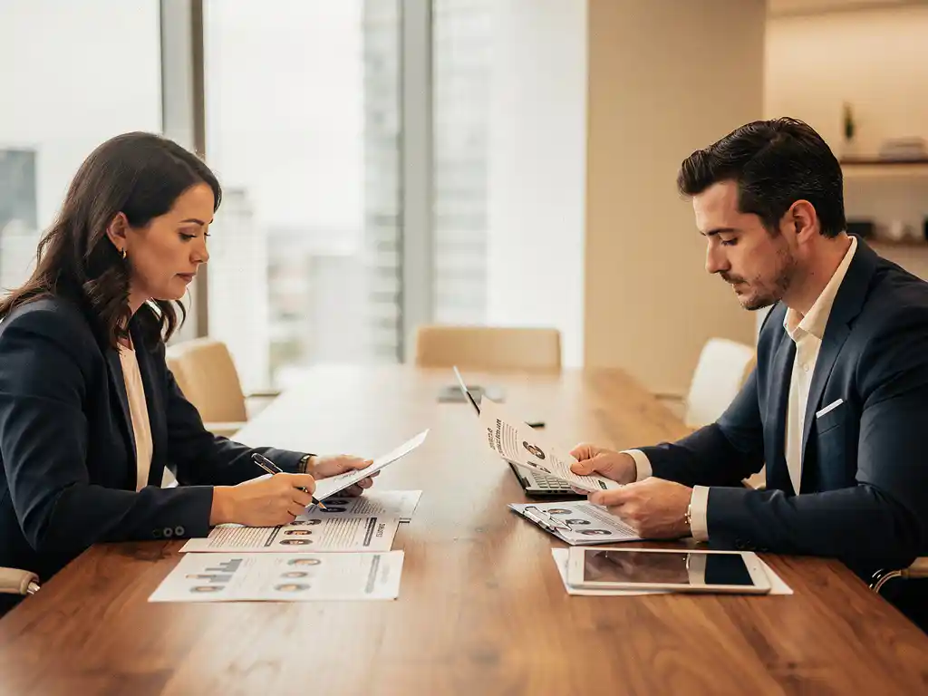HR-professional en recruiter bespreken personeelsdocumenten aan houten conferentietafel bij natuurlijk licht