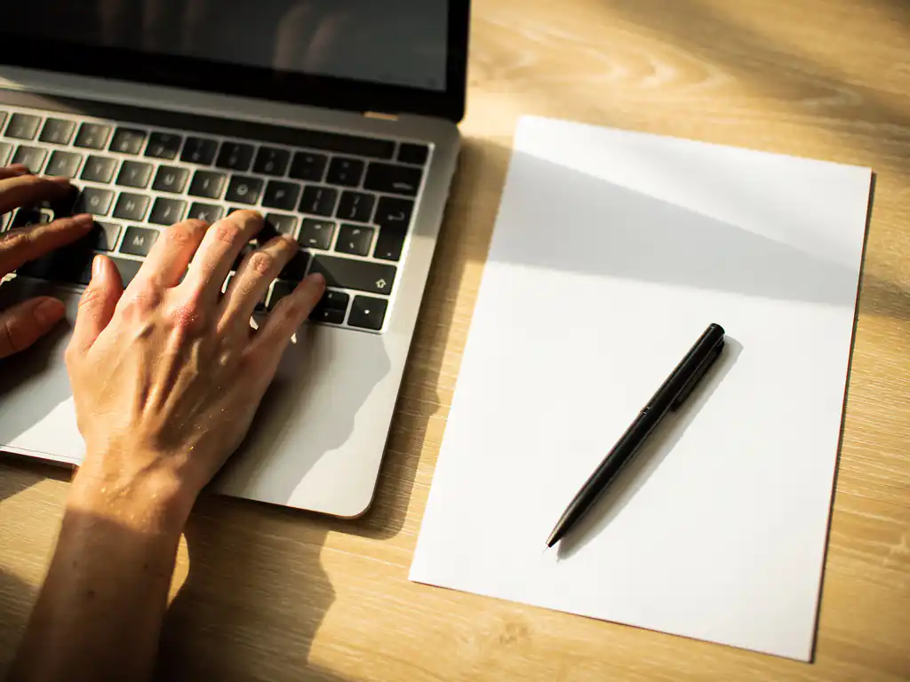 Handen typen op laptop toetsenbord naast wit papier en pen op houten bureau in warm natuurlijk licht