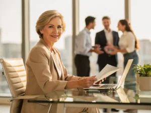 Professionele vrouw van vijftig bekijkt documenten aan glazen bureau terwijl collega's samenwerken op achtergrond