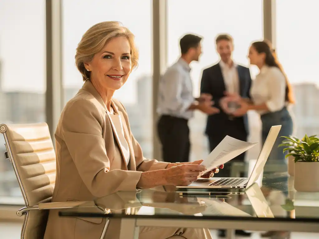 Professionele vrouw van vijftig bekijkt documenten aan glazen bureau terwijl collega's samenwerken op achtergrond
