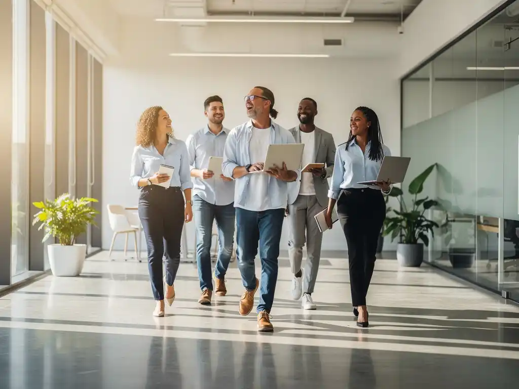 Diverse nieuwe medewerkers lopen samen door modern kantoor met laptops, natuurlijk licht door grote ramen