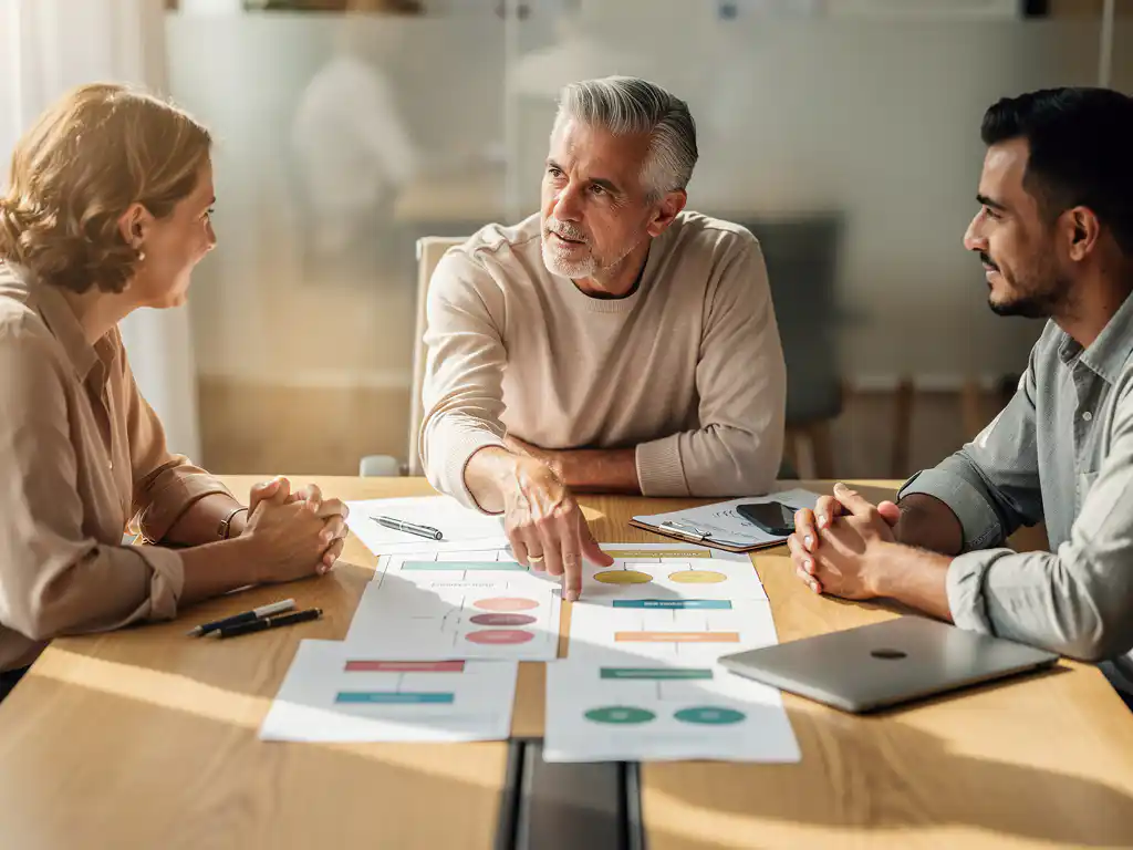 Drie professionals bespreken organisatiestructuur en groeiprojjecties rond lichthouten vergadertafel in natuurlijk licht