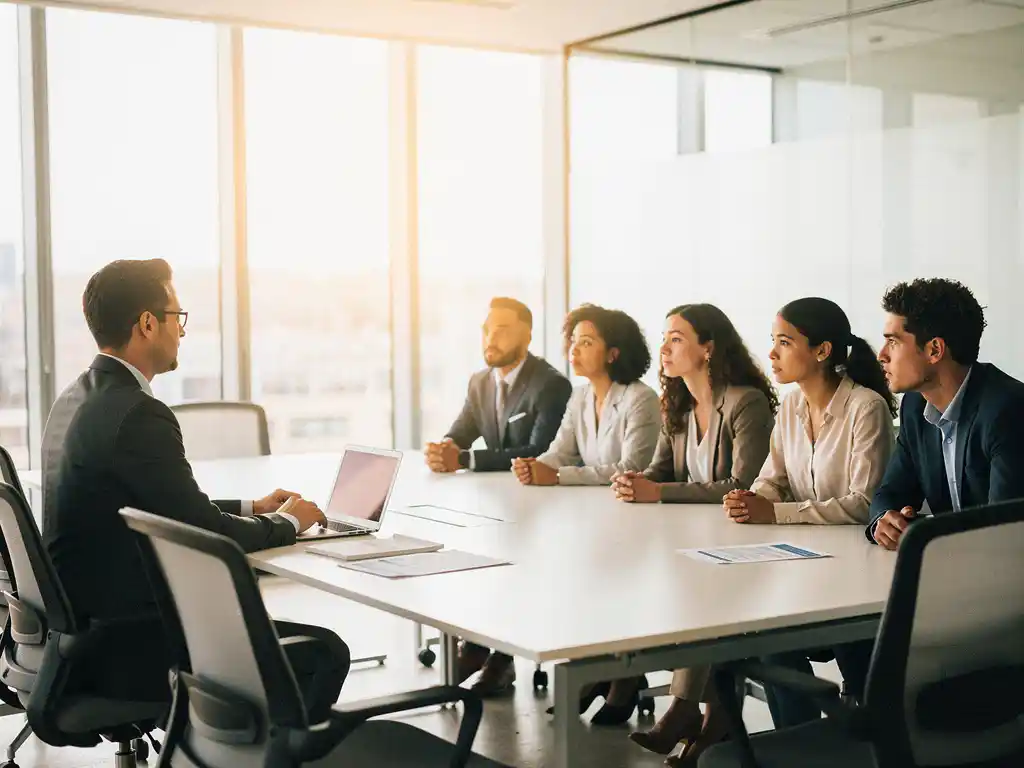 Wervingsmanager interviewt diverse kandidaten aan tafel in modern kantoor met lege stoelen en natuurlijk licht