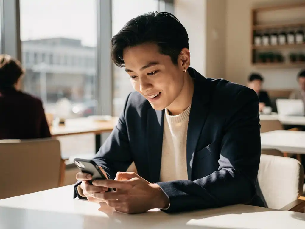 Professionele persoon kijkt verrast naar smartphone in modern café met natuurlijk licht en zachte achtergrond