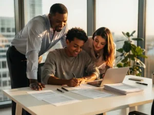 Drie professionals bespreken cv's en documenten aan witte bureau in modern kantoor met natuurlijk licht