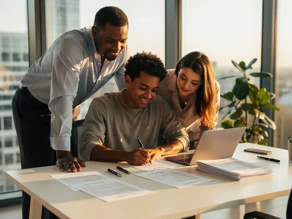 Drie professionals bespreken cv's en documenten aan witte bureau in modern kantoor met natuurlijk licht