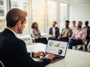 Professionele recruiter bekijkt kleurrijke wervingsstatistieken op laptop terwijl diverse kandidaten op stoelen zitten in moderne kantoorruimte