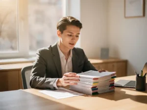 Professionele recruiter bekijkt kleurrijke cv's aan houten bureau bij raam met natuurlijk licht in moderne kantooromgeving