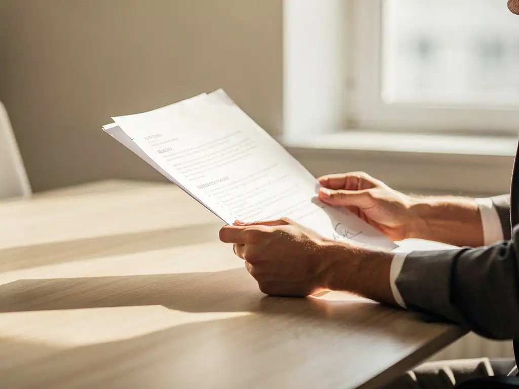 Professionele recruiter bestudeert cv aan houten bureau met natuurlijk licht door raam
