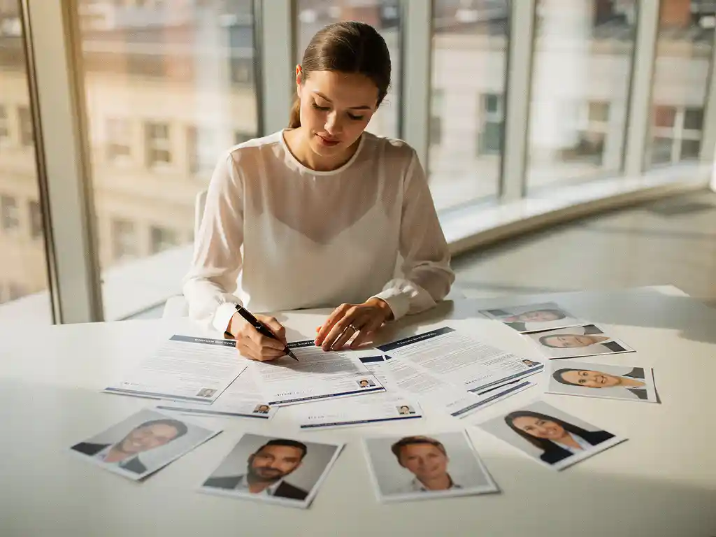 Professionele recruiter beoordeelt cv's en kandidaatfoto's aan modern bureau bij raam met natuurlijk licht