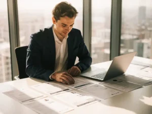 Professionele recruiter in marineblauw jasje bestudeert cv's op modern bureau met laptop bij natuurlijk licht