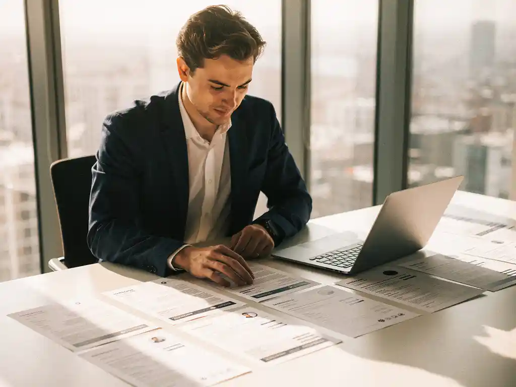 Professionele recruiter in marineblauw jasje bestudeert cv's op modern bureau met laptop bij natuurlijk licht