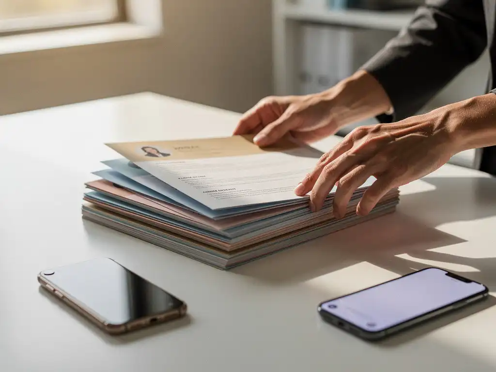 Recruiter sorteert kleurrijke cv's op wit bureau met smartphone die sollicitatiemeldingen toont in natuurlijk licht