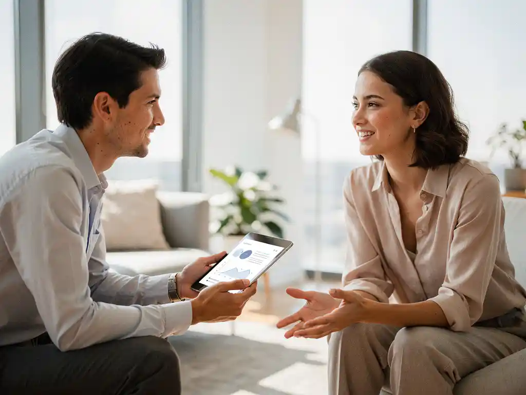 Professionele recruiter bekijkt digitale workflow op tablet tijdens gesprek met ontspannen kandidaat in moderne kantoorruimte