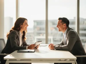 Professionele recruiter voert energiek sollicitatiegesprek met kandidaat aan moderne witte bureau in lichte kantooromgeving