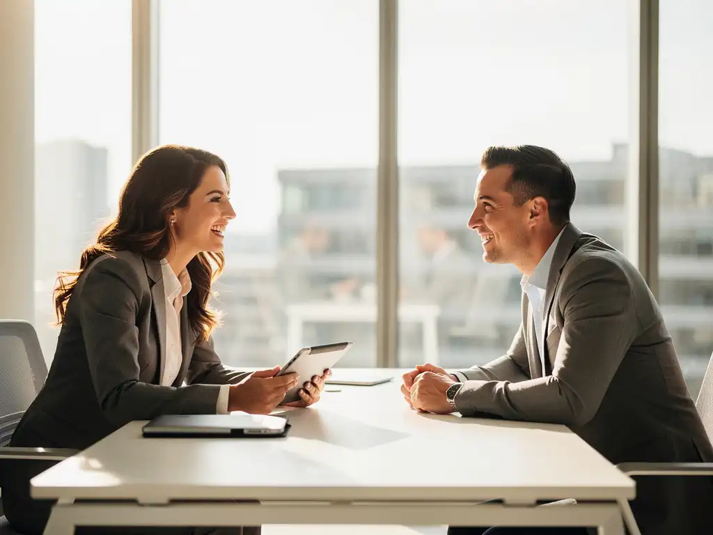 Professionele recruiter voert energiek sollicitatiegesprek met kandidaat aan moderne witte bureau in lichte kantooromgeving