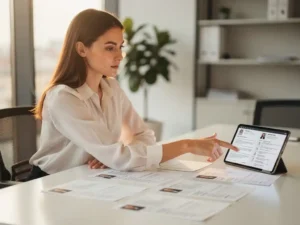 Professionele recruiter bestudeert kandidaatprofielen op modern bureau met tablet, natuurlijk licht door ramen