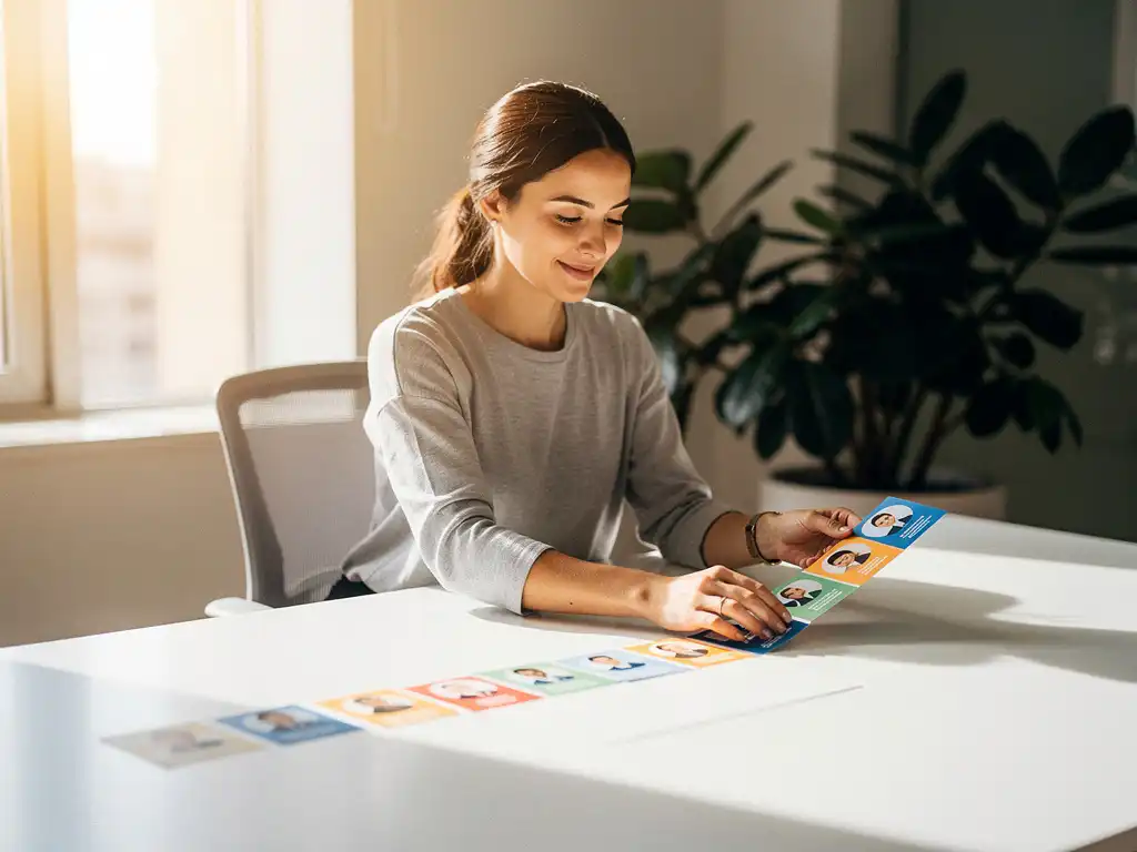 Professionele recruiter organiseert kleurrijke kandidaatprofielen op wit bureau met natuurlijk licht en kantoorplanten op achtergrond