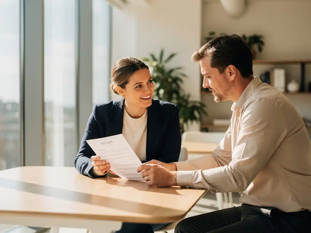 Recruiter en kandidaat bespreken cv aan houten tafel in licht kantoor met natuurlijk zonlicht