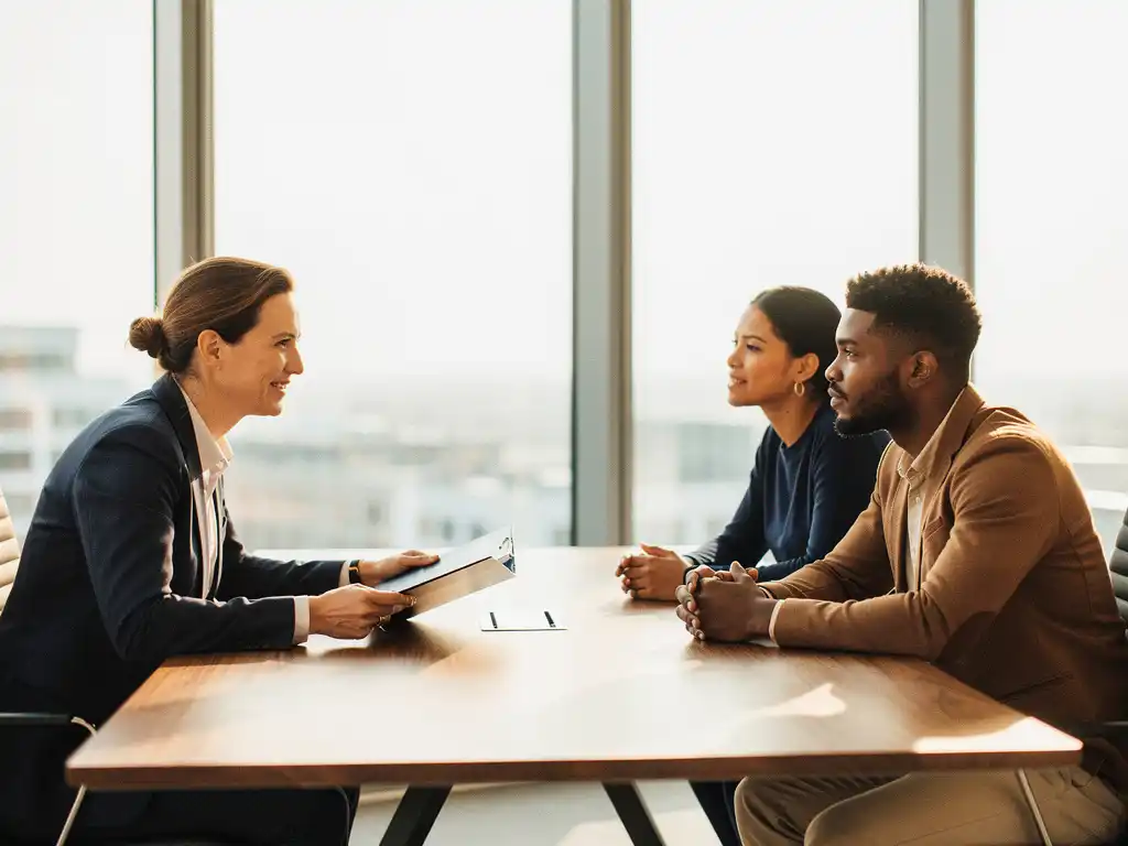 Recruiter bespreekt vacatures met drie diverse kandidaten aan moderne eiken vergadertafel bij natuurlijk licht