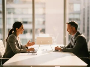 Professionele wervingsconsultant en ondernemer bespreken documenten aan witte vergadertafel in modern kantoor met natuurlijk licht