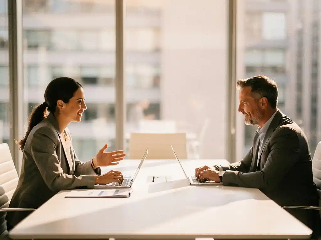 Professionele wervingsconsultant en ondernemer bespreken documenten aan witte vergadertafel in modern kantoor met natuurlijk licht