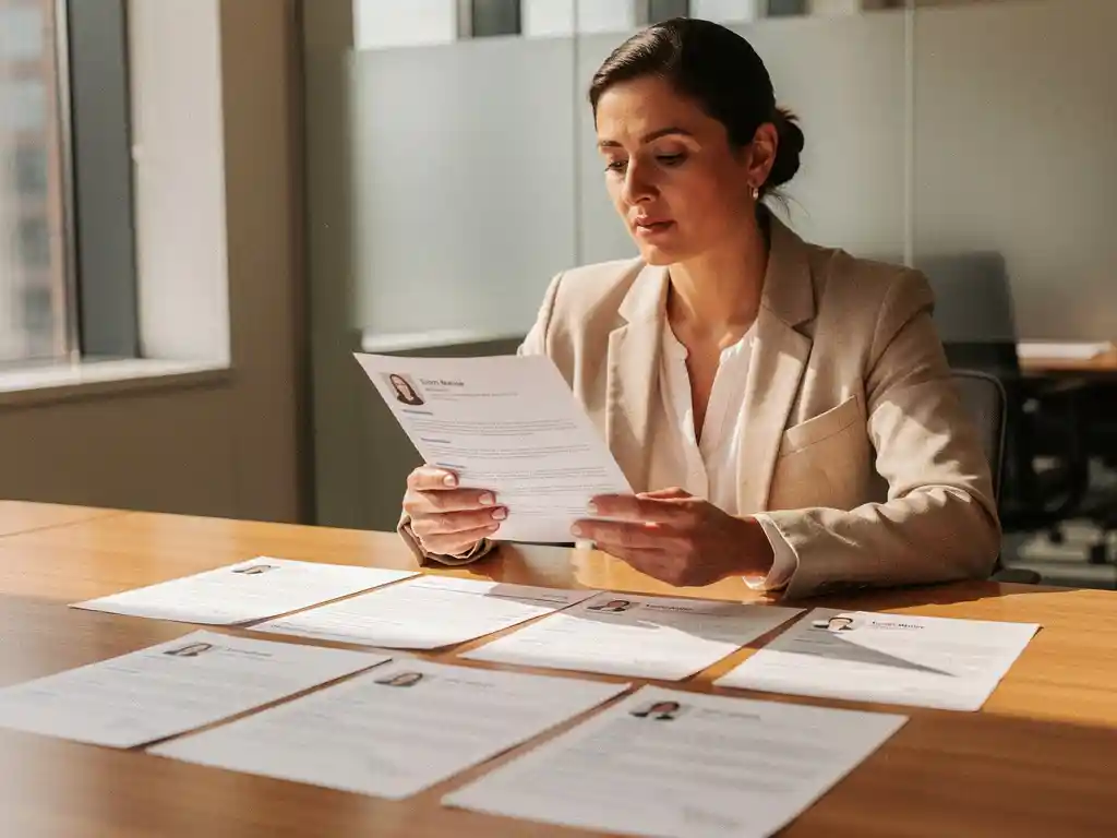 Recruitment manager beoordeelt cv's aan houten vergadertafel in kantoor met natuurlijk licht