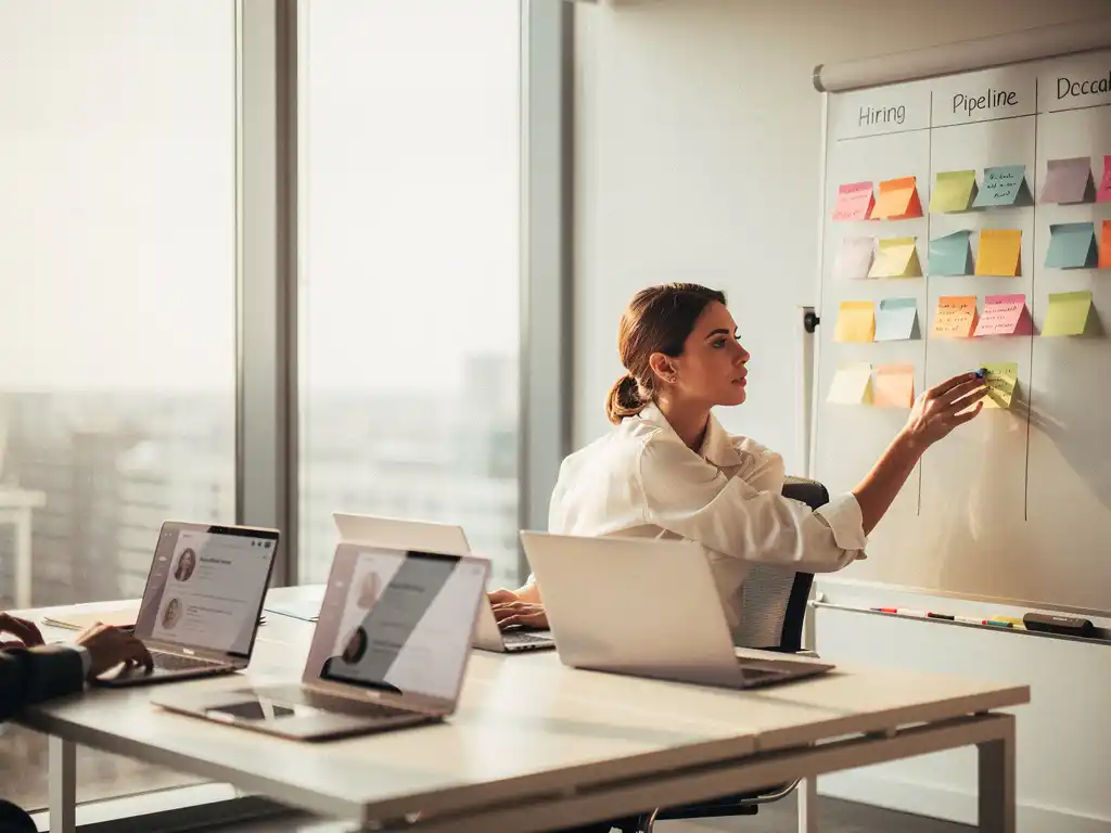 Recruitment manager organiseert kleurrijke sticky notes op whiteboard met wervingsfasen, omringd door laptops met kandidaatprofielen