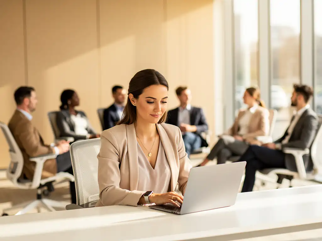 Recruitment manager bekijkt kandidaatprofielen op laptop terwijl diverse sollicitanten wachten in moderne stoelen, natuurlijk licht door ramen