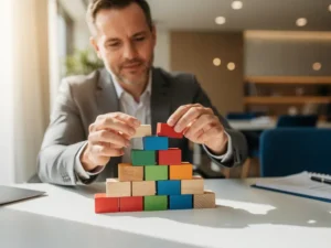 Professionele recruiter rangschikt kleurrijke houten blokken in oplopende trappen op wit bureau, elk blok vertegenwoordigt recruitmentfase