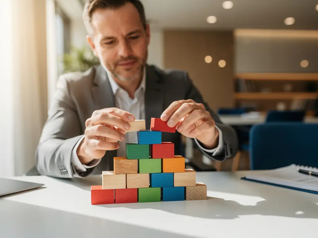 Professionele recruiter rangschikt kleurrijke houten blokken in oplopende trappen op wit bureau, elk blok vertegenwoordigt recruitmentfase