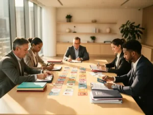 Vijf diverse recruitmentprofessionals aan houten vergadertafel organiseren kleurrijke kandidaatprofielen en mappen