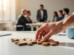 Recruiter voegt houten puzzelstukjes samen op wit bureau terwijl teamleden samenwerken op de achtergrond